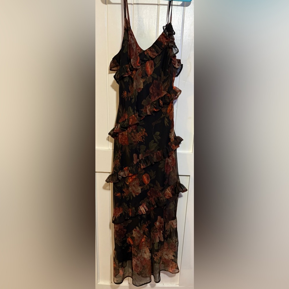 Nasty Gal Black Floral Ruffle Midi Dress